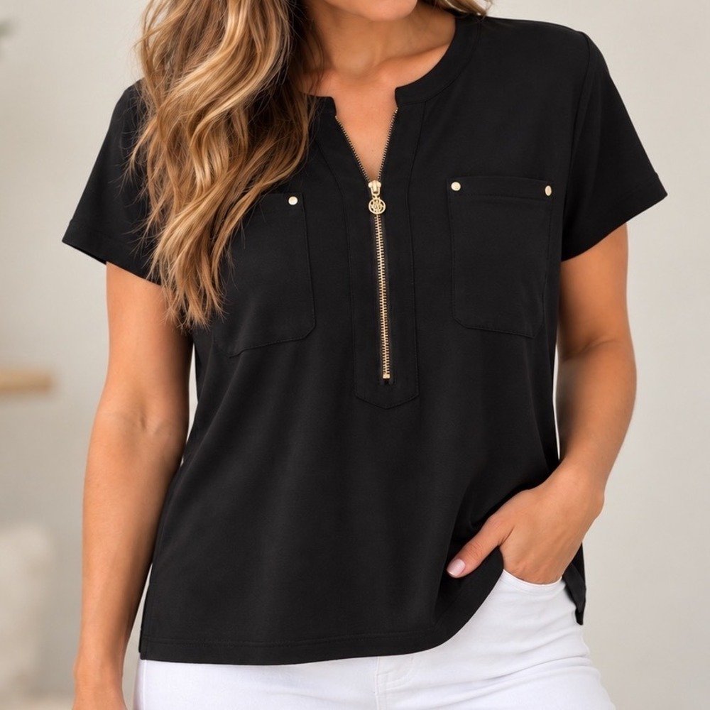 Anne Klein Black Gold Zip Utility Blouse M Quiet Luxury Classy Career Minimalist